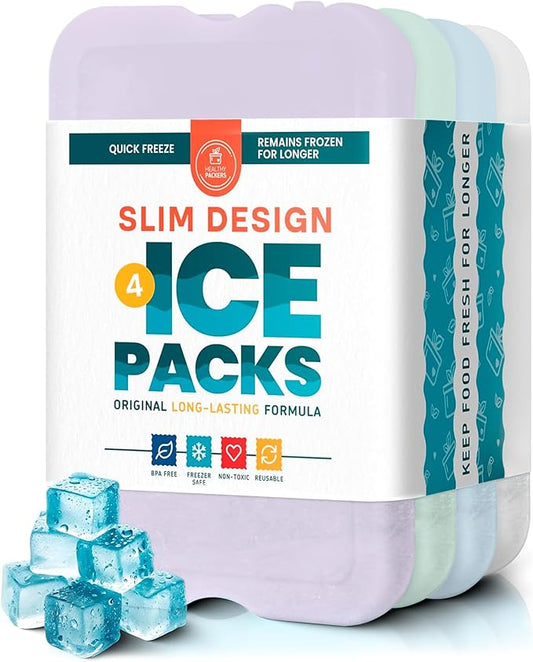 Healthy Packers Reusable Ice Packs for Lunch Boxes - Long Lasting Slim Freezer Packs, Thin Non-Toxic BPA-Free Hard Gel Ice Blocks for Coolers, Kids & Adults Lunch Bags, Travel, Camping, Food Storage