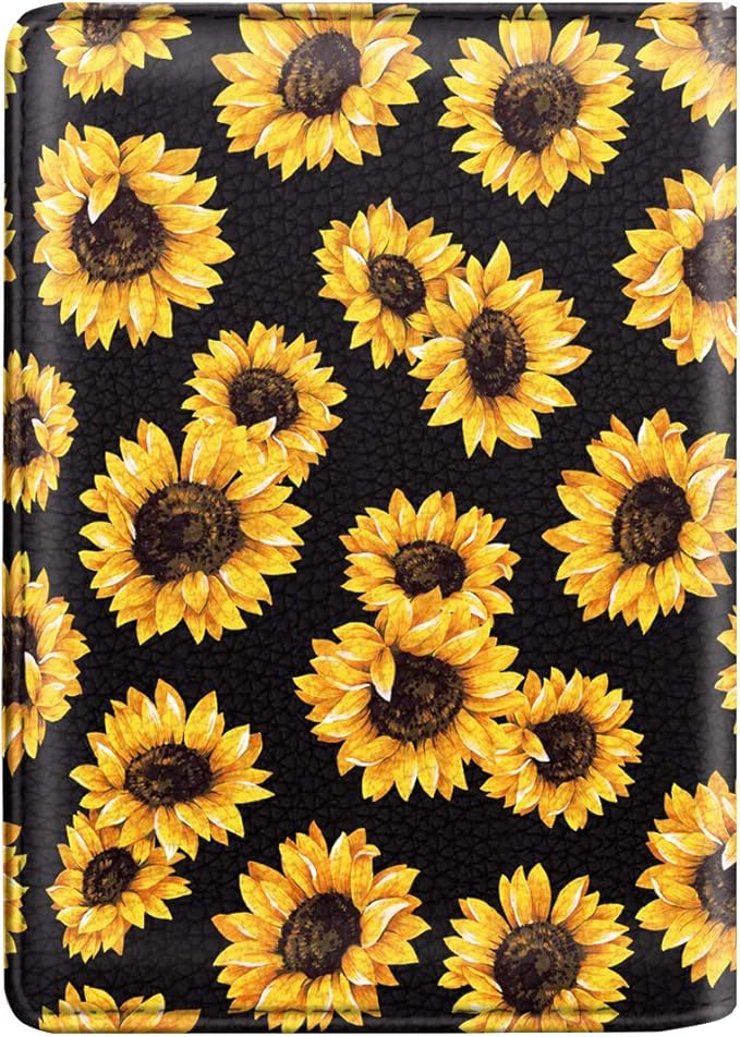 Women's Black Floral Sunflower Passport Wallet Cover with RFID Blocking, 7 Compartments, 4 Card Slots, Magnetic Closure