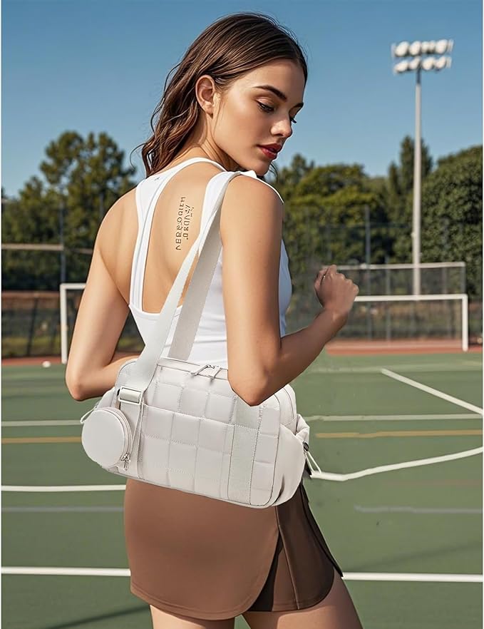 CAMTOP Mini Gym Bag for Women, Small Gym Tote Bag Puffy Quilted Sports Duffel Bag with Wet Compartment and Coin Purse Duffel Bags Dance Yoga Workout Bag for Gifts (Beige, Mini-12.6")