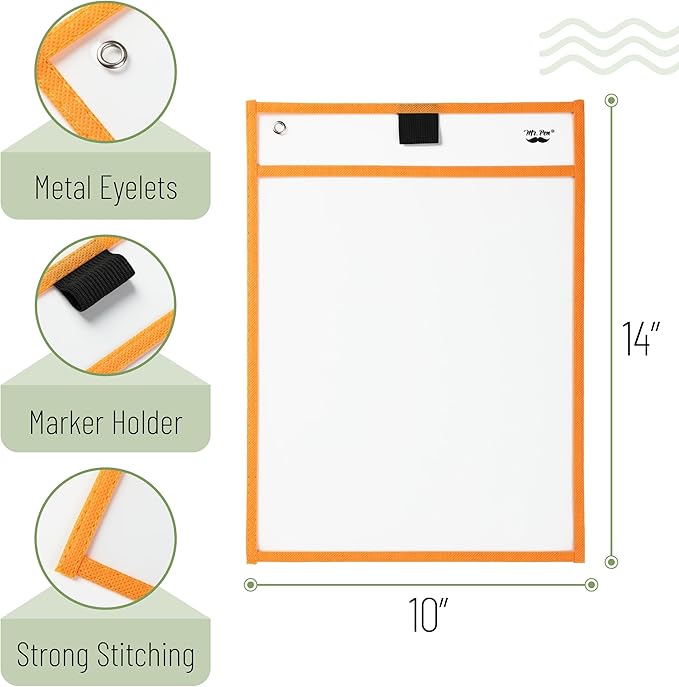 Mr. Pen Dry Erase Pocket Sleeves, 6 Pack, 10 x 14 inches, Plastic, Colorful, Dry Erase Sheets