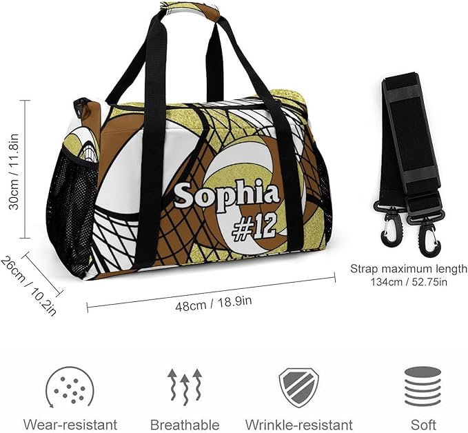Custom Volleyball Brown Gold Duffel Bag with Name Personalized Travel Bags Sport Gym Bag Carry On Weekender Bags for Men Women