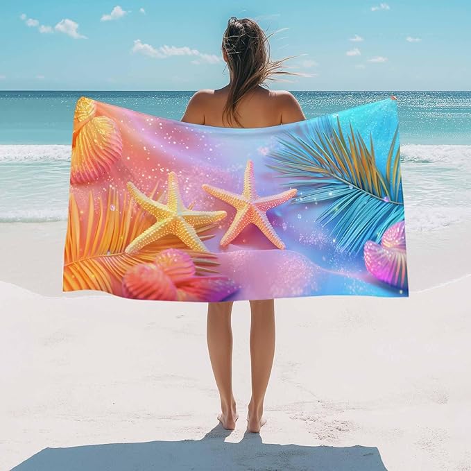 Summer Dreamy Ocean Beach Towel 35" x 71" Starfish Shells Palm Leaves Quick Dry Sand Free Pool Towels Soft & Absorbent Compact Towels Beach Accessories for Travel Bathroom Swimming Pool