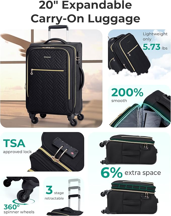 BAGSMART Carry On Luggage 20 Inch,Softside Expandable Suitcase with Spinner Wheels, Luggage 22x14x9 Airline Approved Rolling Lightweight Suitcases for Women Men, Compact Carry-On (Black)