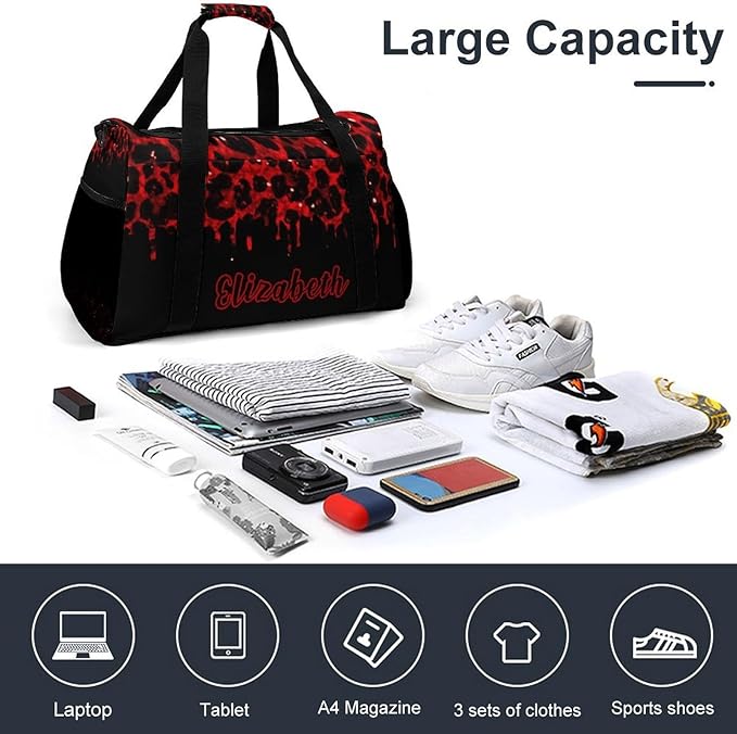 Red Maroon Leopard Sparkle Print Luggage Bag Waterproof Duffel Bag Adjustable Shoulder Strap Perform Training Travel Bag for Teens Adults Backpack