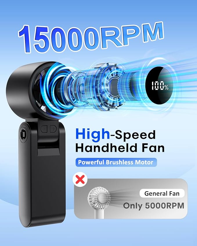 Portable Turbo Handheld Fan [15000 RPM], 5200mAh Battery, 12H Runtime, 3-in-1 180°Foldable Personal Fan, Turbo Tech Cooling for Outdoor, Travel, Work, Makeup-Black
