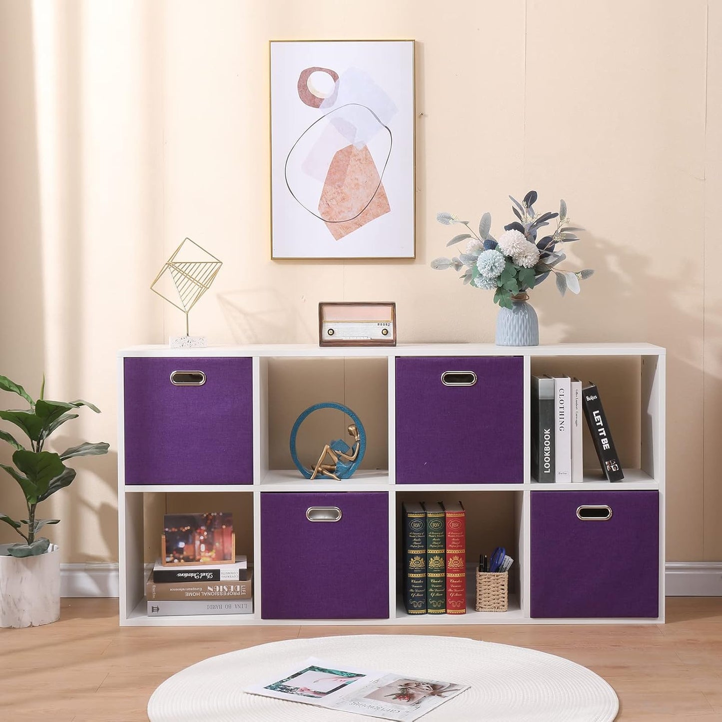 Collapsible Basket Fabric Foldable Box with Handles, 13x13 Cube Storage Bins Set of 4, Thick and Heavy Duty Storage Baskets for Shelves Bedroom Livingroom,Purple