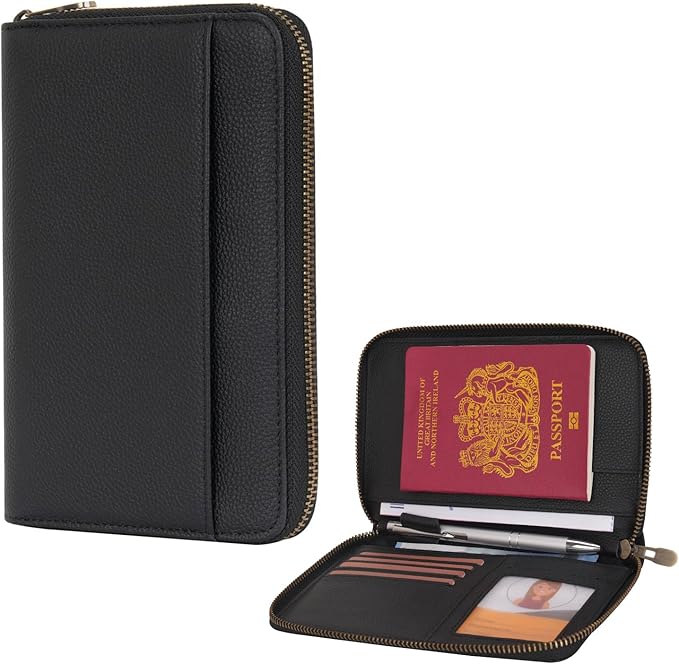 WASON Leather Zipper Travel Passport Wallet Holder RFID Blocking Cover, Passport case Pocket Slot for Card, Cash, ID, Boarding Pass and Ticket for Men, Women and Family Trips (Black)