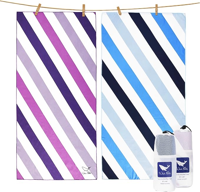 Whale Flotilla 2 Pack Quick Dry Beach Towels Oversized (35"x70"), Microfiber Sand-Free Beach Towel Set, Extra Large Compact Pool Travel Accessories, Blue and Purple