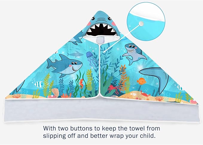 Bonsai Tree Shark Hooded Beach Towel for Kids, Cool Ocean Fishes Bath Towel with Hood for Boys, Funny Sea Animals Microfiber Super Absorbent Soft Poncho Bathrobe for Swin Pool 30”x50”