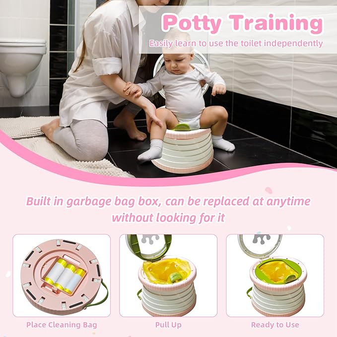 Portable Potty Chair for Toddlers with Splash-Proof Design, Foldable Travel Potty with Bag & 30 Refills - Kids Toilet for Car, Camping, Indoor - Easy Clean Baby Potty Training Seat (White-Pink)