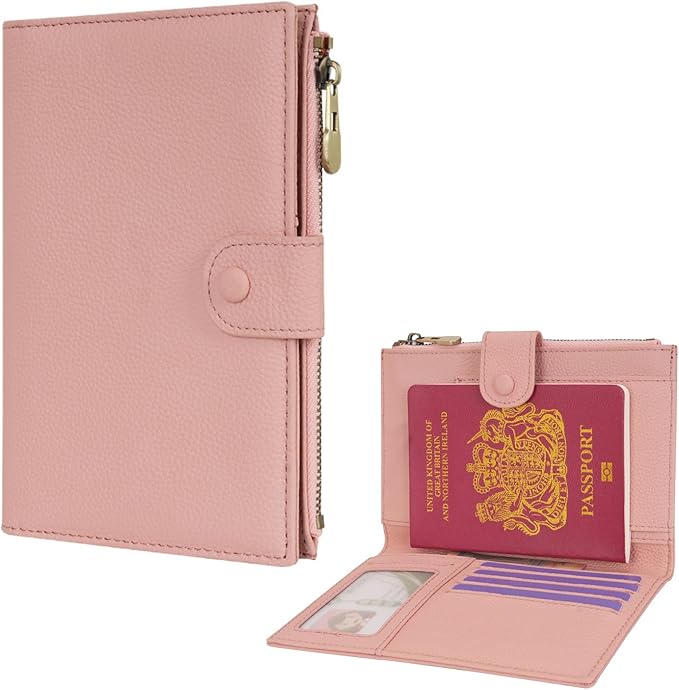 WASON Leather Passport Cover Travel Wallet RFID Blocking – Passport Holder Slot with Zipper Pocket for lD, Boarding Pass,Ticket, Cash, SD Card, Travel Essentials for Men and Women (Pink)