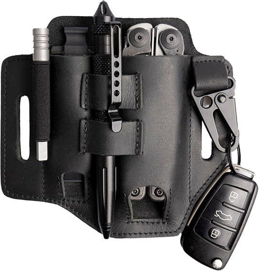 Gentlestache Multitool Belt Sheath, EDC Leather Belt Organizer, Belt Holder with Multitool Pouch, Flashlight Holder, Pen Holder and Keychain Clip, Practical EDC Belt Pouch for Men