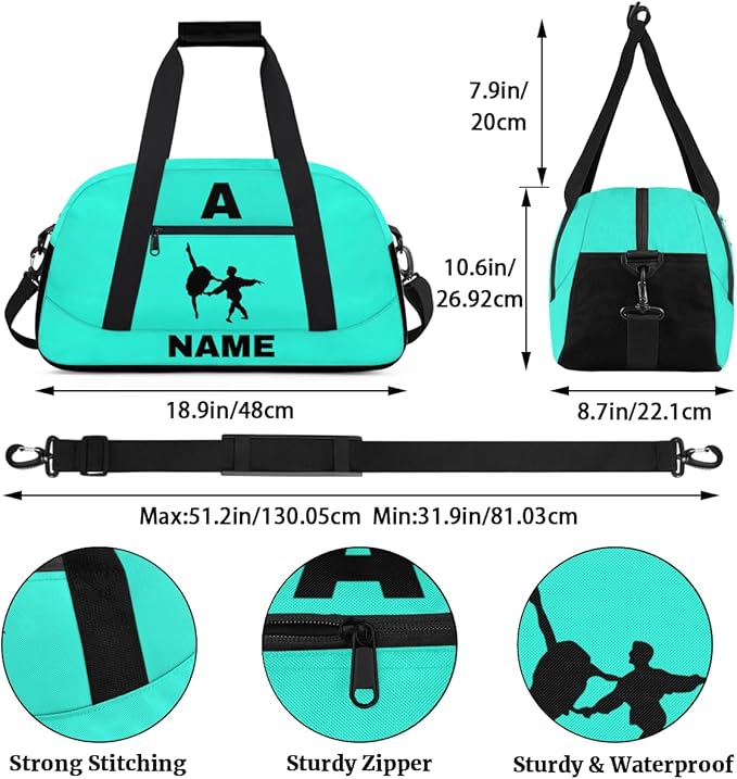 Personalize-Kids-Sports-Duffel-Bags With Custom Name Text Carry-On Overnight Travel Gym Lightweight Dance Pattern Sports Bags For Girls Boys Kids,Cyan