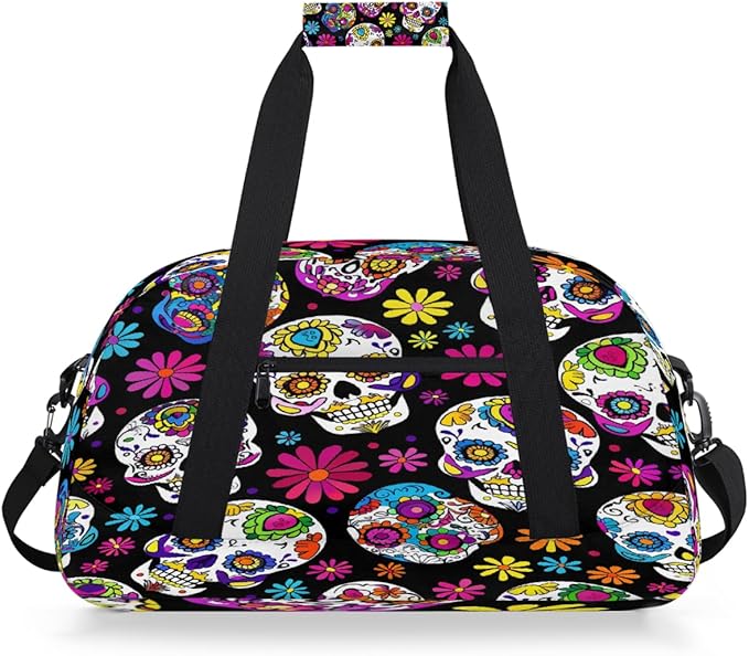 Gym Bag for Women Men, Floral Sugar Skulls Travel Duffle Bags for Dance Ballet Overnight, Carry-On Weekender Bag with Detachable Shoulder Strap