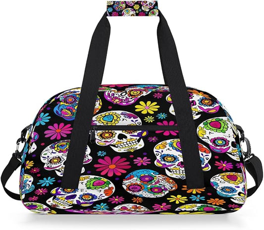 Gym Bag for Women Men, Floral Sugar Skulls Travel Duffle Bags for Dance Ballet Overnight, Carry-On Weekender Bag with Detachable Shoulder Strap