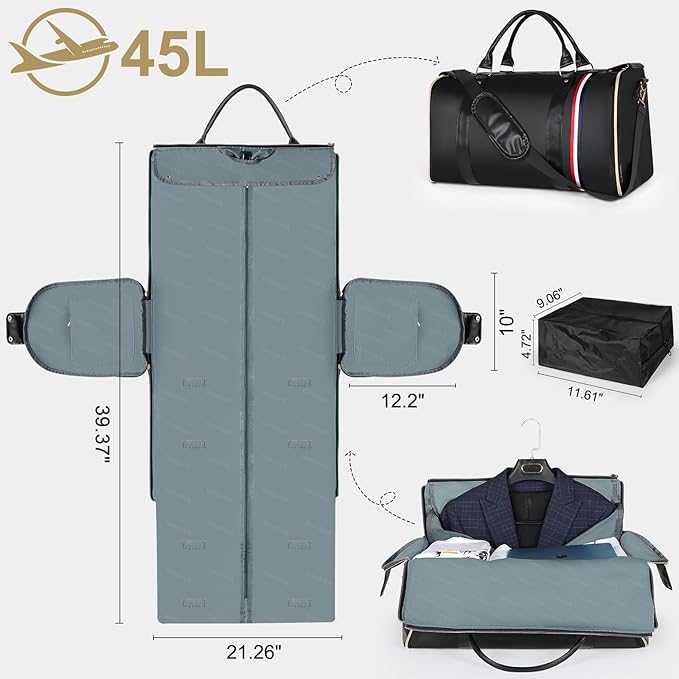 Geestock Garment Bags for Travel, Convertible Garment Bag Carry On with Shoe Pouch & Luggage Sleeve, Large Travel Duffel Bags Oxford 2 in 1 Hanging Suitcase Suit Travel Bag for Men, Black