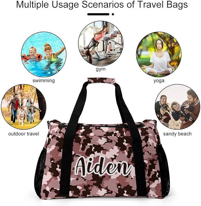 Personalized Pink Khaki Brown Camouflage Camo Duffle Bag with Name for Women Man Tote Bag Custom Travel Perform Training Bag Gym Bags