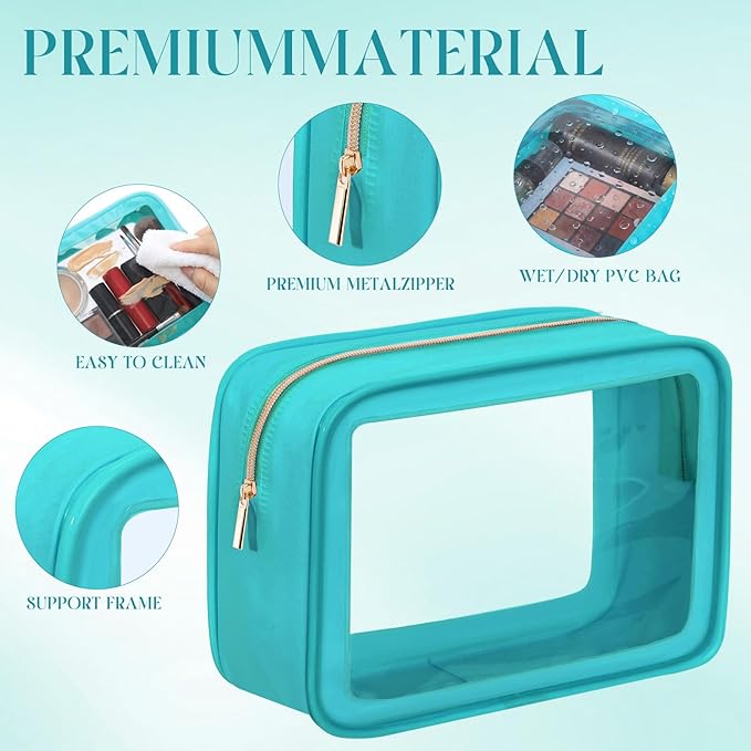 Hsei 6 Pcs Clear Makeup Bags with Color Edged TSA Approved Travel Toiletry Bags with Zipper Clear Cosmetic Bag Diaper Bag for Car Storage Organizer Wedding Essentials for Women Gift(Turquoise Green)