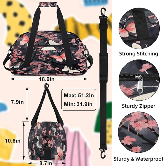 Pink Butterfly Flower Sports Duffel Bags, Water-Resistant Gym Duffle Bag for Men Women, Lightweight Weekender Overnight Bag for Fitness, Workout, Travel