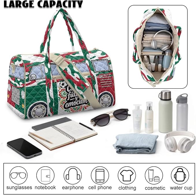 COEQINE Mexico Van Car Quilted Gym Bag For Men Sport Quilted Tote Bag For Men Large Car Themed Crossbody Bags with Shoulder Bag with Detachable Strap