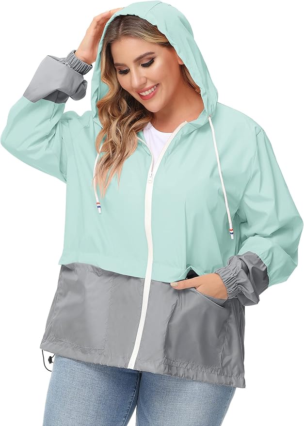 Avoogue Plus Size Raincoat Women Waterproof Rain Jacket Packable Outdoor Hooded Windbreaker