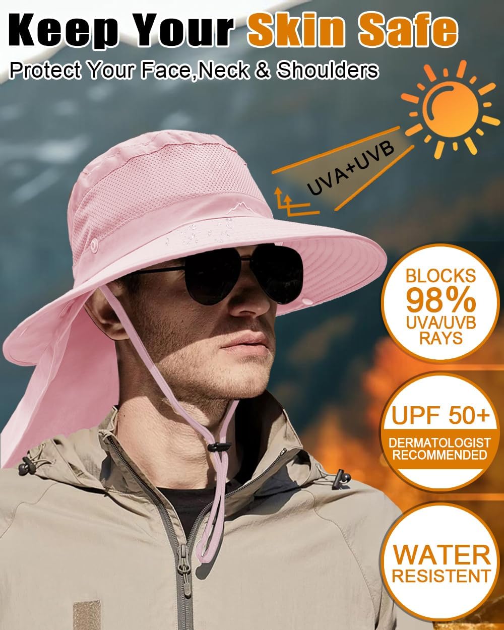 Outdoor Sun Hats with Stowable Neck Flap for Men Women UPF 50+ Mesh Summer Bucket Hat Wide Brim for Fishing Safari Hiking