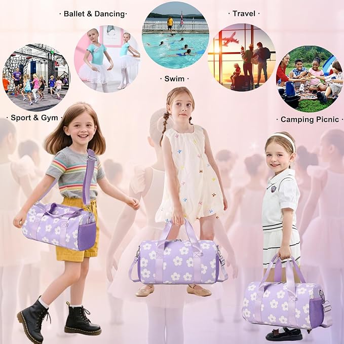 Dance Ballet Bag for Girls Purple Corduroy Dance Bag for Girls 4-6 Toddler Small Duffle Ballerina Bags with Waterproof Dry Wet Separated Compartment