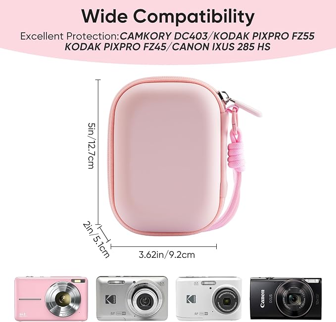 Camera Case for Digital Camera CAMKORY DC403 FHD 1080P/ KODAK PIXPRO FZ55/ FZ45, Small Travel Compact Camera Holder with Mesh Pocket for Accessories SD Card (Pink)