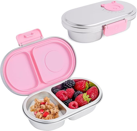 Good Bare Stainless Steel Snack Container for Kids – 2 Compartment Metal Bento Box, Leakproof, Non-Toxic, Easy-Open Latch, Dishwasher Safe, Small Snack Pack, Perfect for On-the-Go (Sweet Pink)
