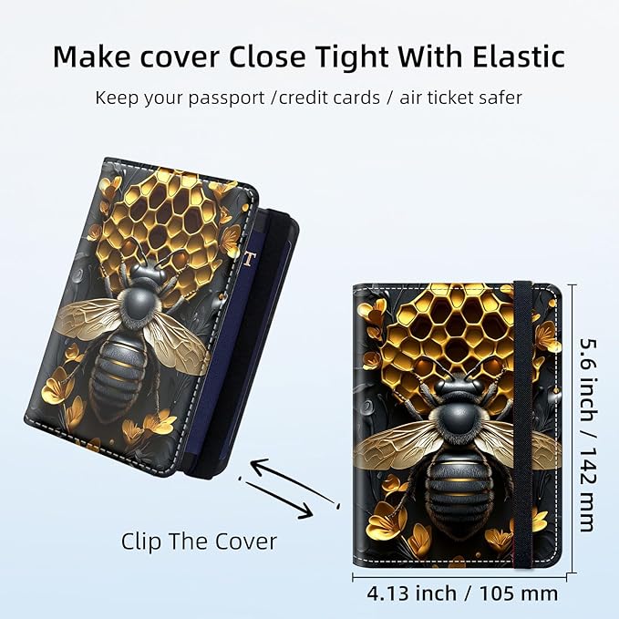 Passport Holder for Travel, RFID Blocking Passport Holder Travel Walle, Passport and Vaccine Card Holder, Vacation Must Haves Travel Accessories for Men Women, Golden Bee Hive