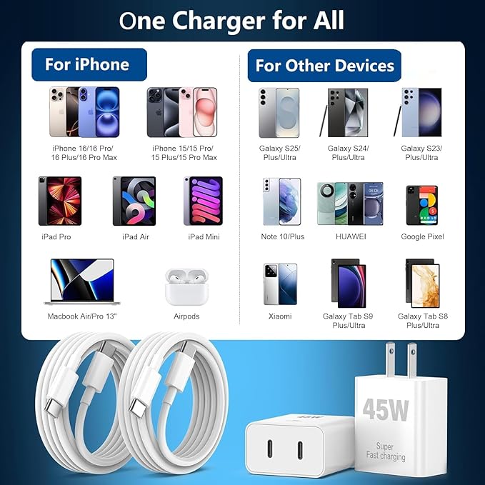 Dual Port 45W iPhone 17 16 15 Fast Charger Block and 6ft 10ft Type C to USB C Cable Cord Long, iPad Wall Charging Plug Cube Brick for Apple iPhone 17 Pro Max/17 Air/16 e/16 Pro/15 Plus/15 Mini/Samsung