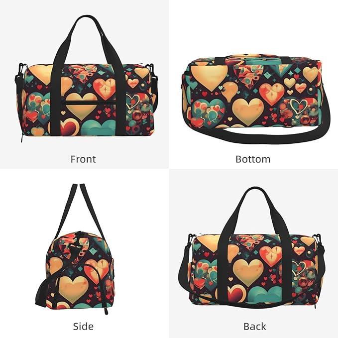 Colorful hearts Print Gym Bag with Shoe Compartment for Women Men, 17.7in Sports Duffle Weekender Tote, Overnight Travel Duffel Bag Carry On
