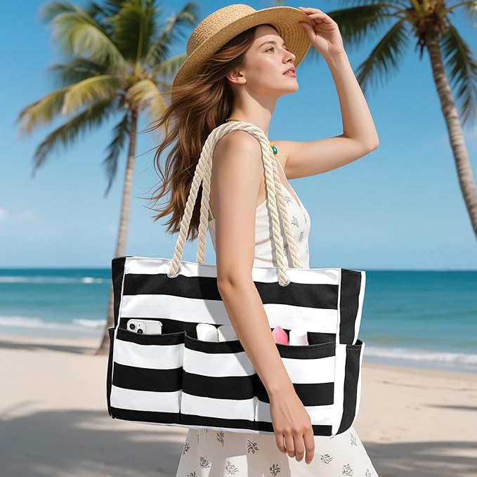 Becokan Beach Bags for Women Canvas Large Beach Tote Bag Zipper Waterproof Sandproof Foldable Swim Pool Bag with 7 Pockets