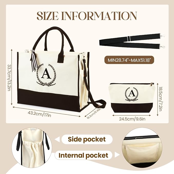 Personalized Canvas Tote Bag for Women Makeup Pouch Initial Beach Bag Removable Bottom Board for Travel Birthday