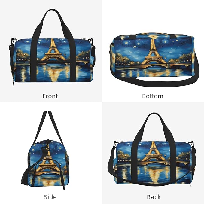 Sports Gym Bag Paris Eiffel Tower Starry Night Travel Duffel Bag With Shoe Compartment Shoulder Strap, Lightweight Water-Resistant Weekend Overnight Totes For Women Men