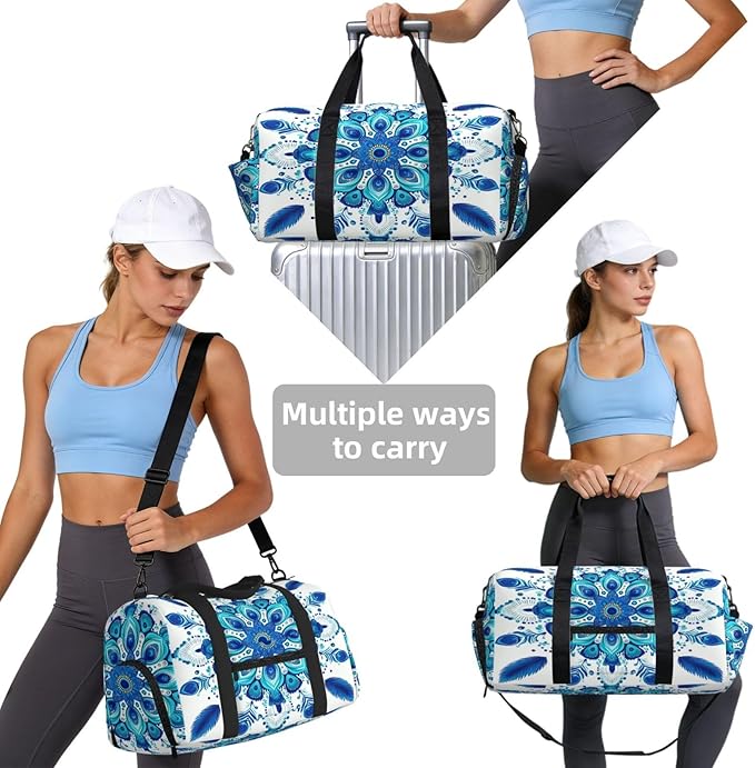 Sports Gym Bag Blue Turquoise Ethnic Mandala Travel Duffel Bag With Shoe Compartment Shoulder Strap, Lightweight Water-Resistant Weekend Overnight Totes For Women Men