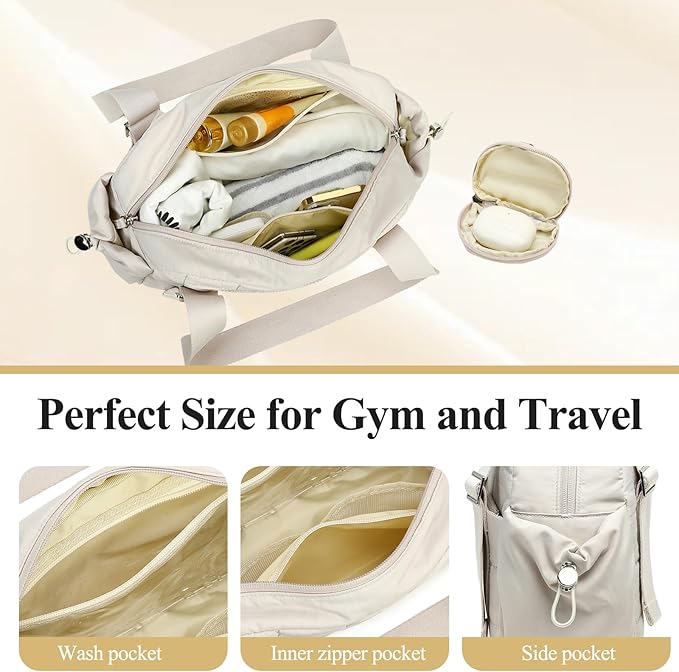 CAMTOP Mini Gym Bag for Women, Small Gym Tote Bag Puffy Quilted Sports Duffel Bag with Wet Compartment and Coin Purse Duffel Bags Dance Yoga Workout Bag for Gifts (Beige, Mini-12.6")