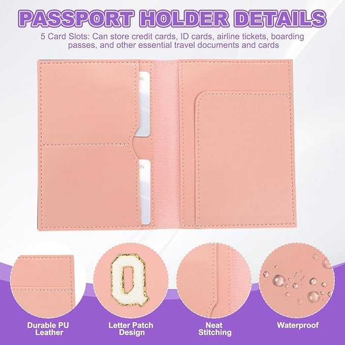 PATIKIL Passport Holder for Travel, Initial Passport Cover and Luggage Tag Set with Alphabet Chenille Letter Patch Travel Wallet Bag Suitcase Identifier for Women Family Travel Pink Q