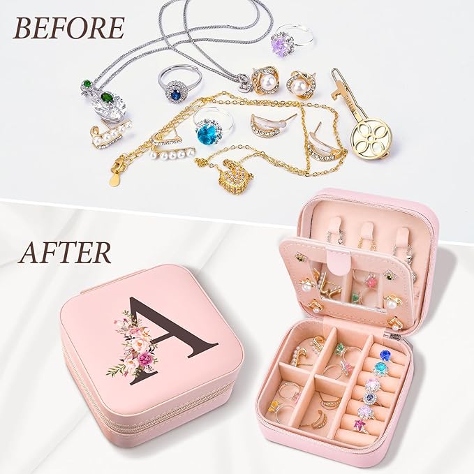 Easter Basket Stuffers for Teens Essentials, Valentines Day Christmas Stocking Stuffers for Women Teen Girl Gifts Trendy Stuff Travel Jewelry Box Case Organizer Personalized Birthday Gifts, Initial A