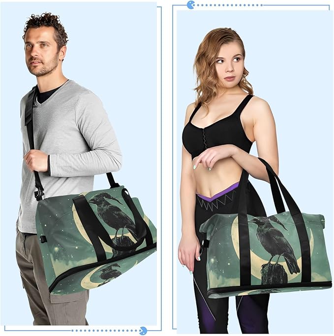 AIXIWAWA Duffel Bag Set for Gym Travel with Shoes Compartment Toiletry Bag Crow Moon Print