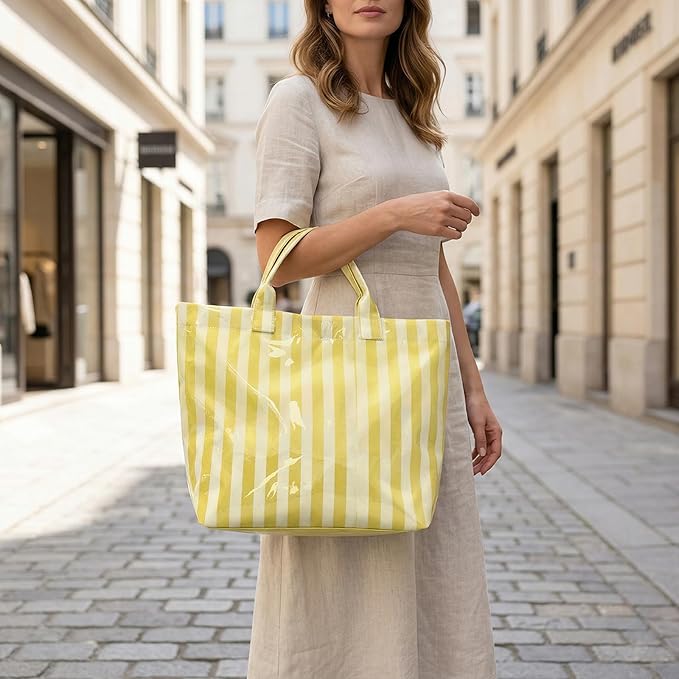 JQWYGB Striped PVC Tote Bag Large Glossy Striped Handbags Waterproof Top Handle Bag Plastic Tote Handbag Beach Travel Work