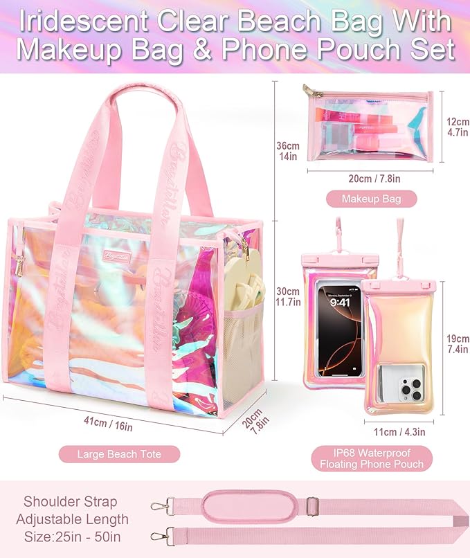 Bagstellar Iridescent Beach Tote Bags for Women, Large Zipper Beach Pool Swim Bag with Makeup Bag & Waterproof Phone Pouch | Waterproof Sandproof, Adjustable Strap, Packable, Foldable, Travel Tote Bags, Vacation Essentials, Gift for Women