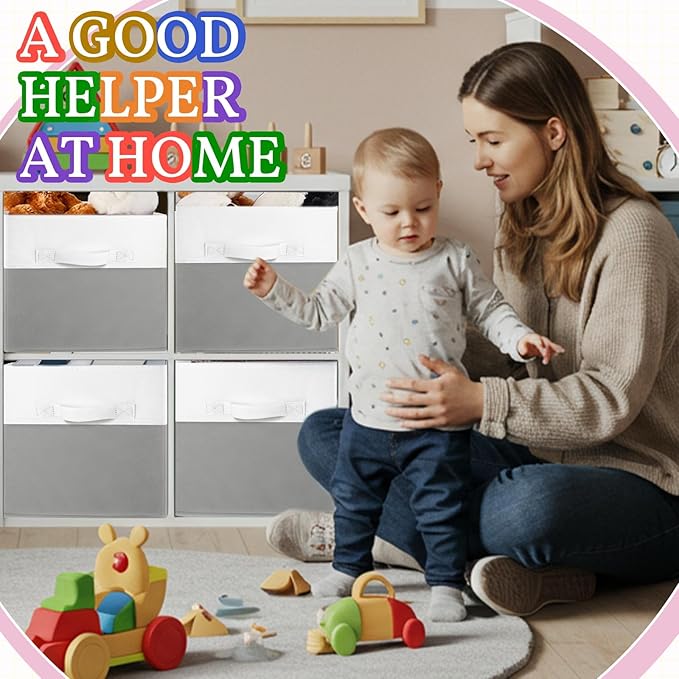 Yinder 6 Pcs Cube Storage Bin 11'' Storage Bins for Room Decor Colorful Bins Foldable Baskets for Nursery Organizer Boxes Fabric Boxes (White Gray)