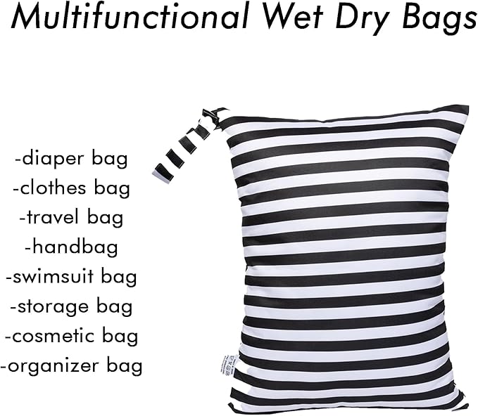 Wet Dry Bag for Swimsuit Two Zipper Pockets Travel Beach Pool Reusable Waterproof Yoga Gym Bag for Baby Cloth Diaper Swimsuits Wet Clothes 3 Pack Grey,Black Stripe