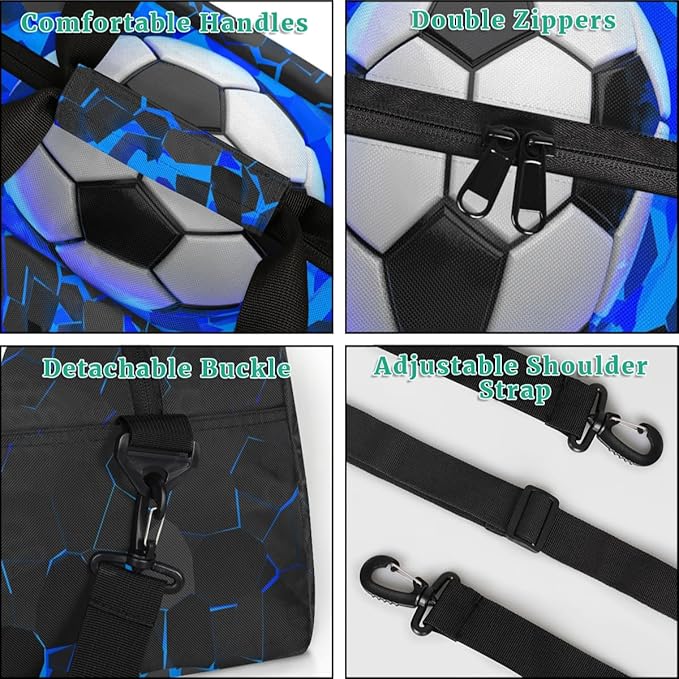 Personalized Name Sports Bag for Kids Boys, Custom Gym Duffel Fitness Travel Weekender Tote Carry-On Training Perform Bag, Soccer Black Blue
