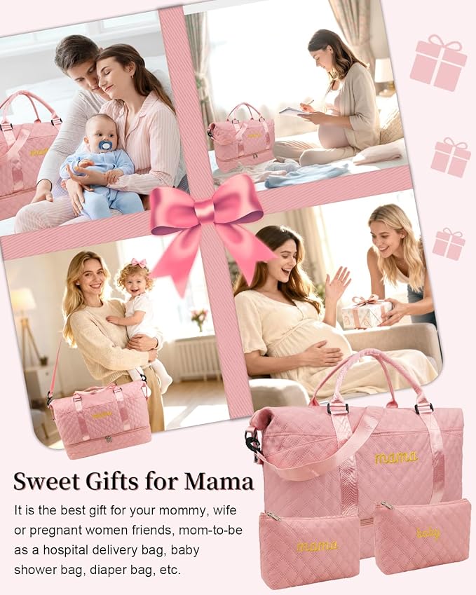 Mama Baby Pregnancy Hospital Bag Essentials for Women Labor Delivery Diaper Organizer with Shoe Compartment,2 Waterproof Toiletry Pouch Travel Duffle Bag for Mommy Weekender Overnight Gym Gifts,Pink