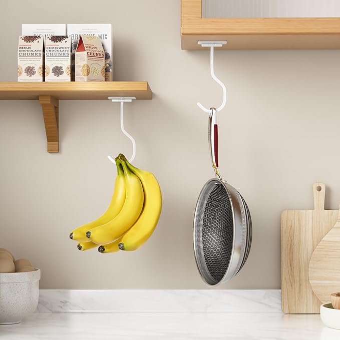 Banana Hook Under Cabinet: Foldable Banana Hanger Adhesive, Hanging Banana Holder, Stick On, Premium Material, Can Hold 20 Bananas, White