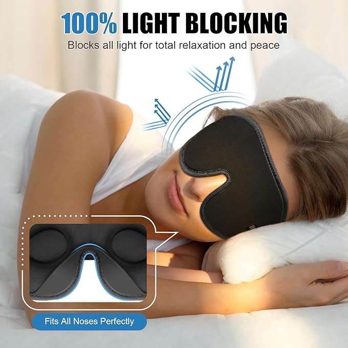 Sleep Eye Mask for Men Women,Zero Pressure 3D Blackout Eye Mask for Sleeping,Eye Covers with Adjustable Strap,Soft Breathable Travel Sleep Mask for Airplane,Includes Ear Plugs(Black)