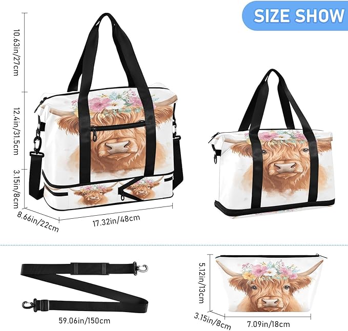 Travel Duffel Bags for Women Cute Highland Cow with Flower Crown Print Sports Duffel Bags Gym Bags with Shoes Compartment Tote Bag Weekender Bag for Travelling