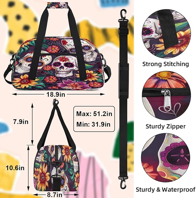 Travel Duffle Bag for travel duffle bag sports Girls Boys Kids Gothic Candy Skull Flowers Lightweight Overnight Sleepover Weekender Bags Small Dance Gym Sport Bag Teens Carry-On Size Workout Bag